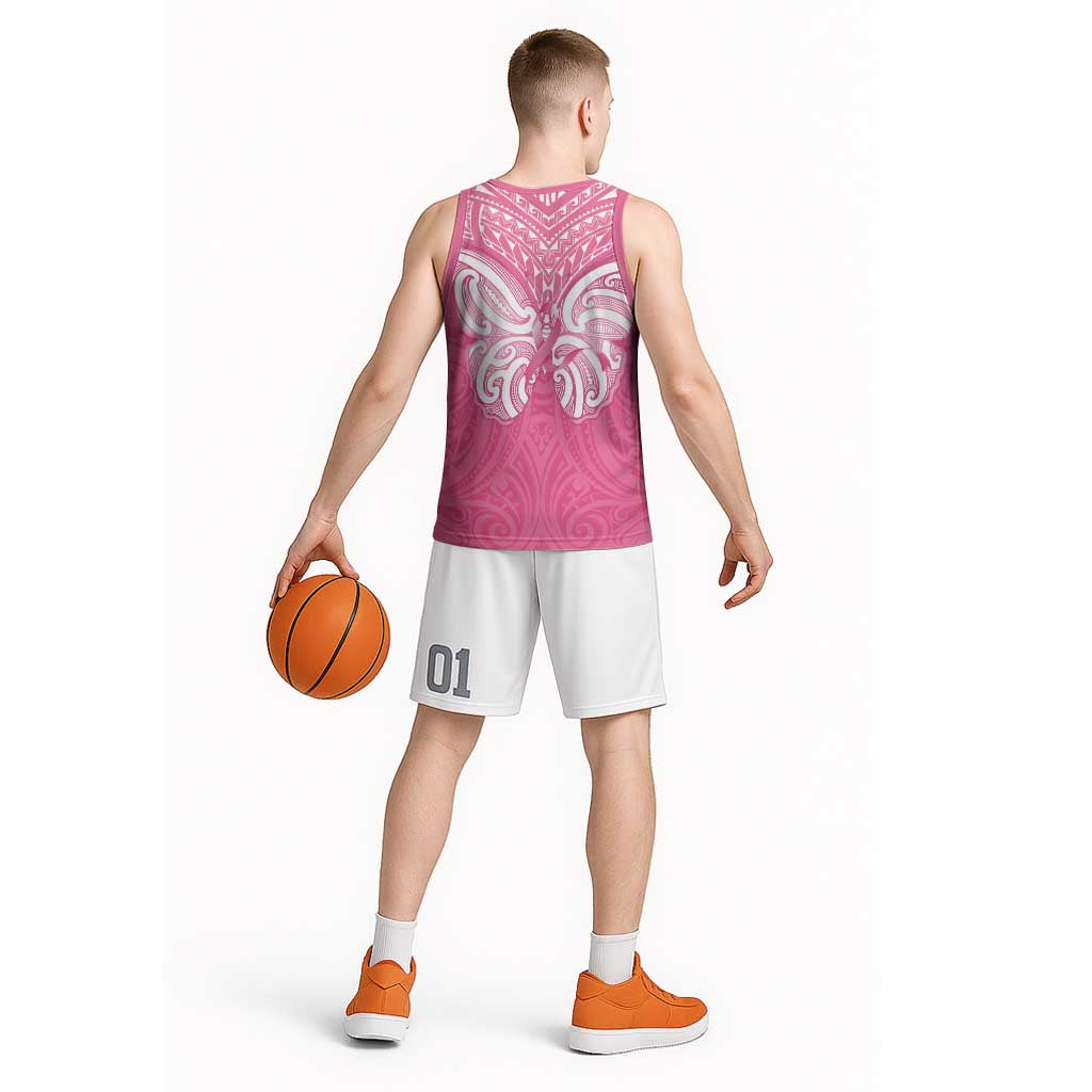 New Zealand Breast Cancer Awareness Basketball Jersey Maori Butterfly Pink Ribbon - Polynesian Pride