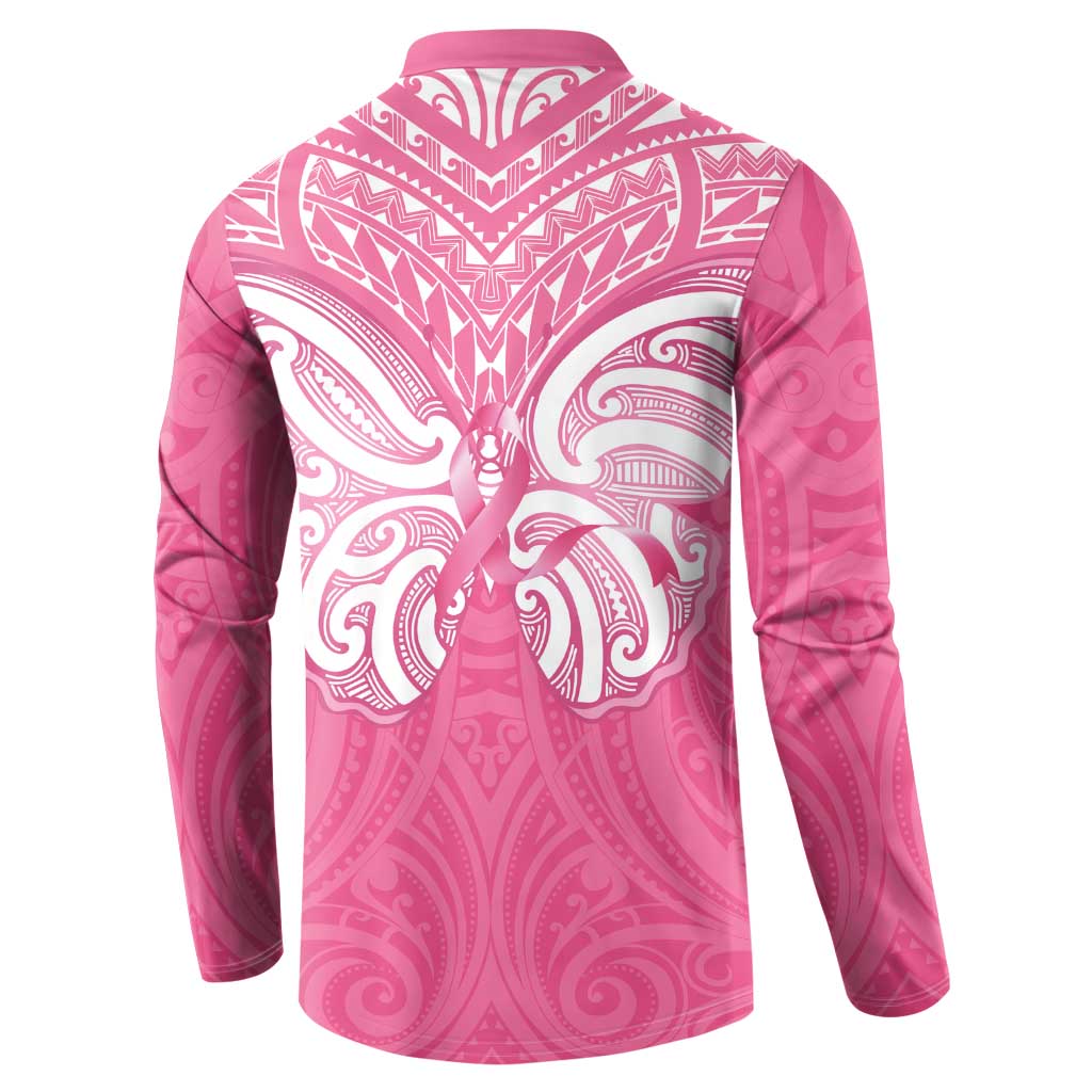 New Zealand Breast Cancer Awareness Button Sweatshirt Maori Butterfly Pink Ribbon - Polynesian Pride