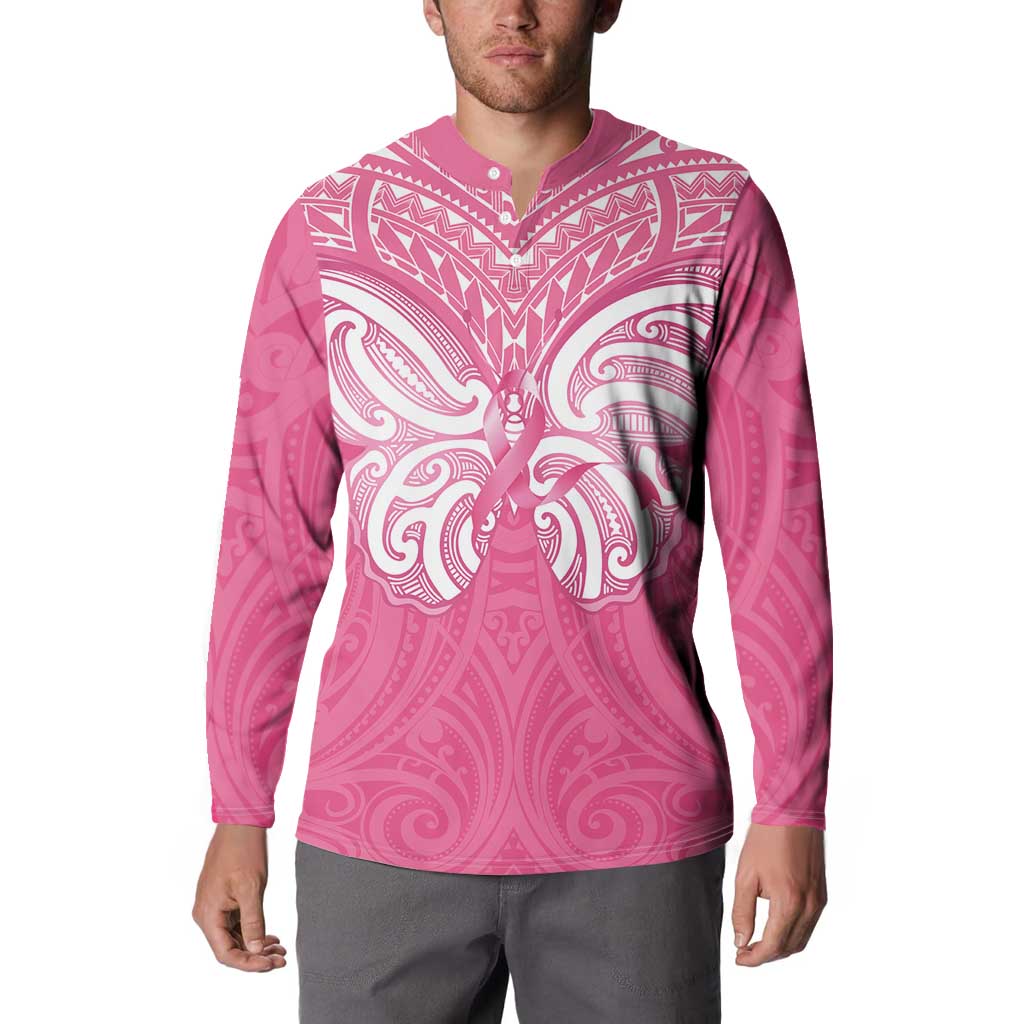 New Zealand Breast Cancer Awareness Button Sweatshirt Maori Butterfly Pink Ribbon - Polynesian Pride