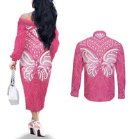 New Zealand Breast Cancer Awareness Couples Matching Off The Shoulder Long Sleeve Dress and Long Sleeve Button Shirt Maori Butterfly Pink Ribbon - Polynesian Pride