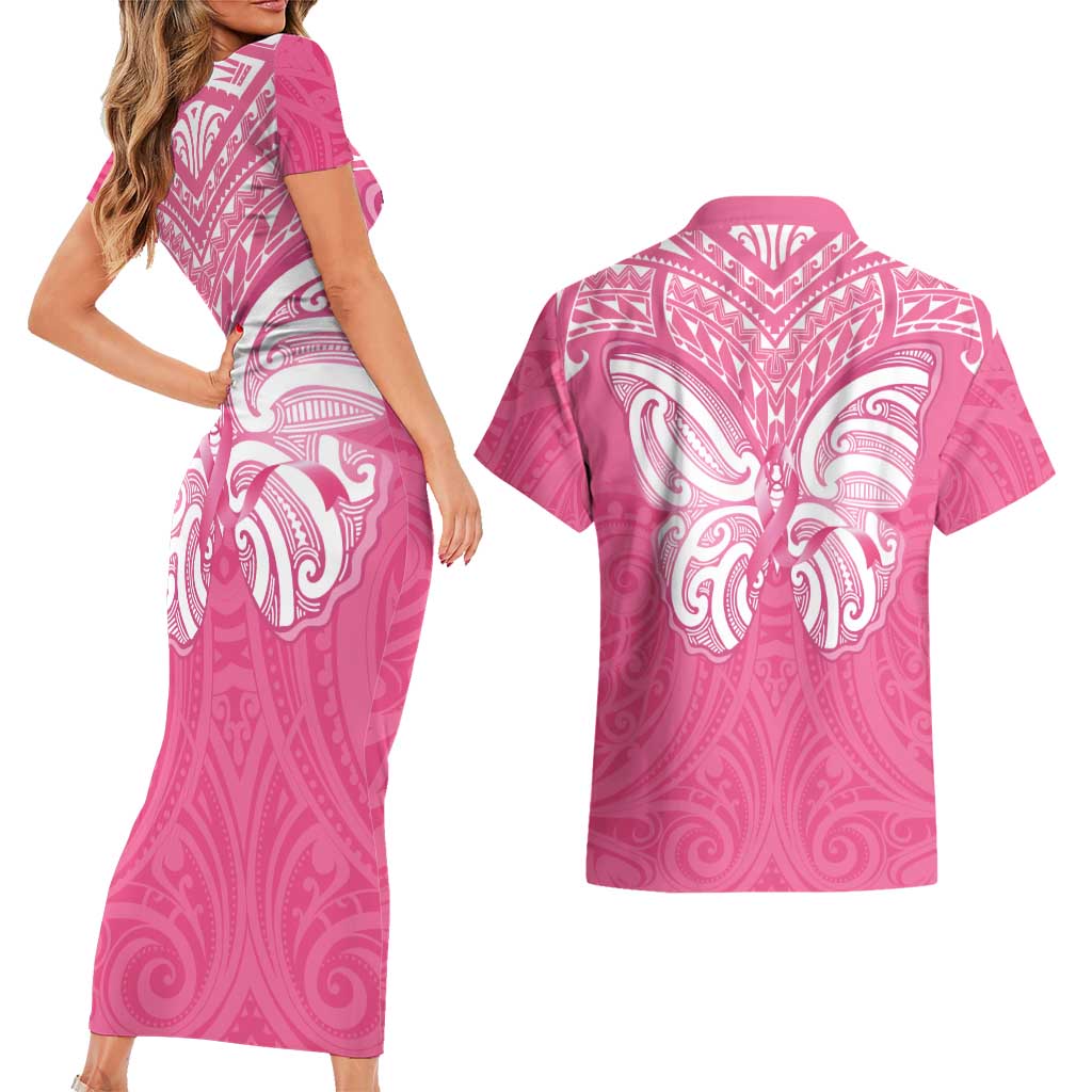 New Zealand Breast Cancer Awareness Couples Matching Short Sleeve Bodycon Dress and Hawaiian Shirt Maori Butterfly Pink Ribbon - Polynesian Pride