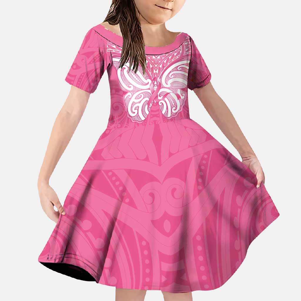 New Zealand Breast Cancer Awareness Family Matching Long Sleeve Bodycon Dress and Hawaiian Shirt Maori Butterfly Pink Ribbon - Polynesian Pride