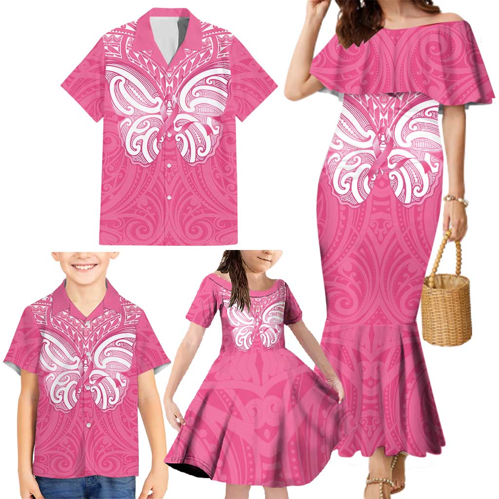 New Zealand Breast Cancer Awareness Family Matching Mermaid Dress and Hawaiian Shirt Maori Butterfly Pink Ribbon - Polynesian Pride