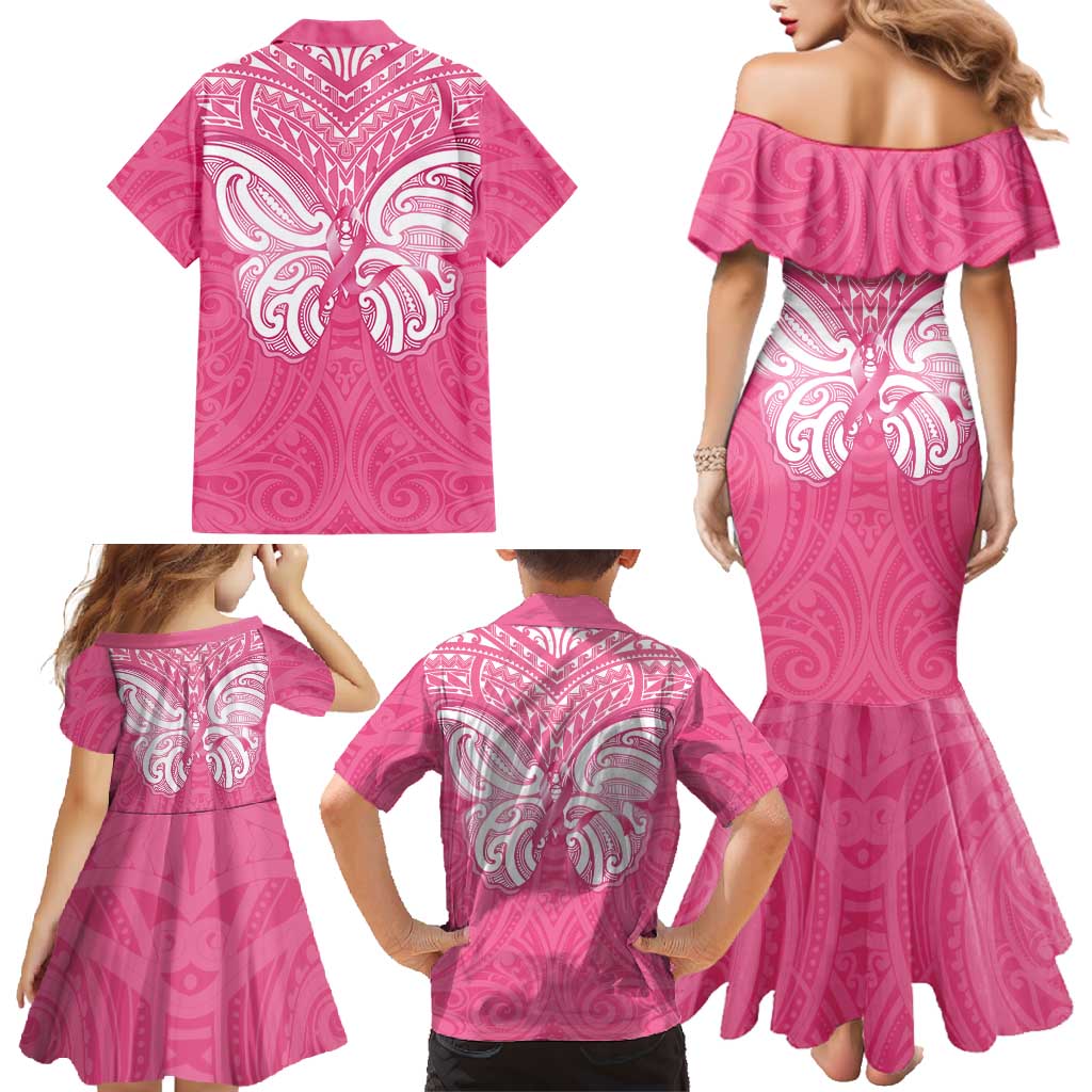 New Zealand Breast Cancer Awareness Family Matching Mermaid Dress and Hawaiian Shirt Maori Butterfly Pink Ribbon - Polynesian Pride