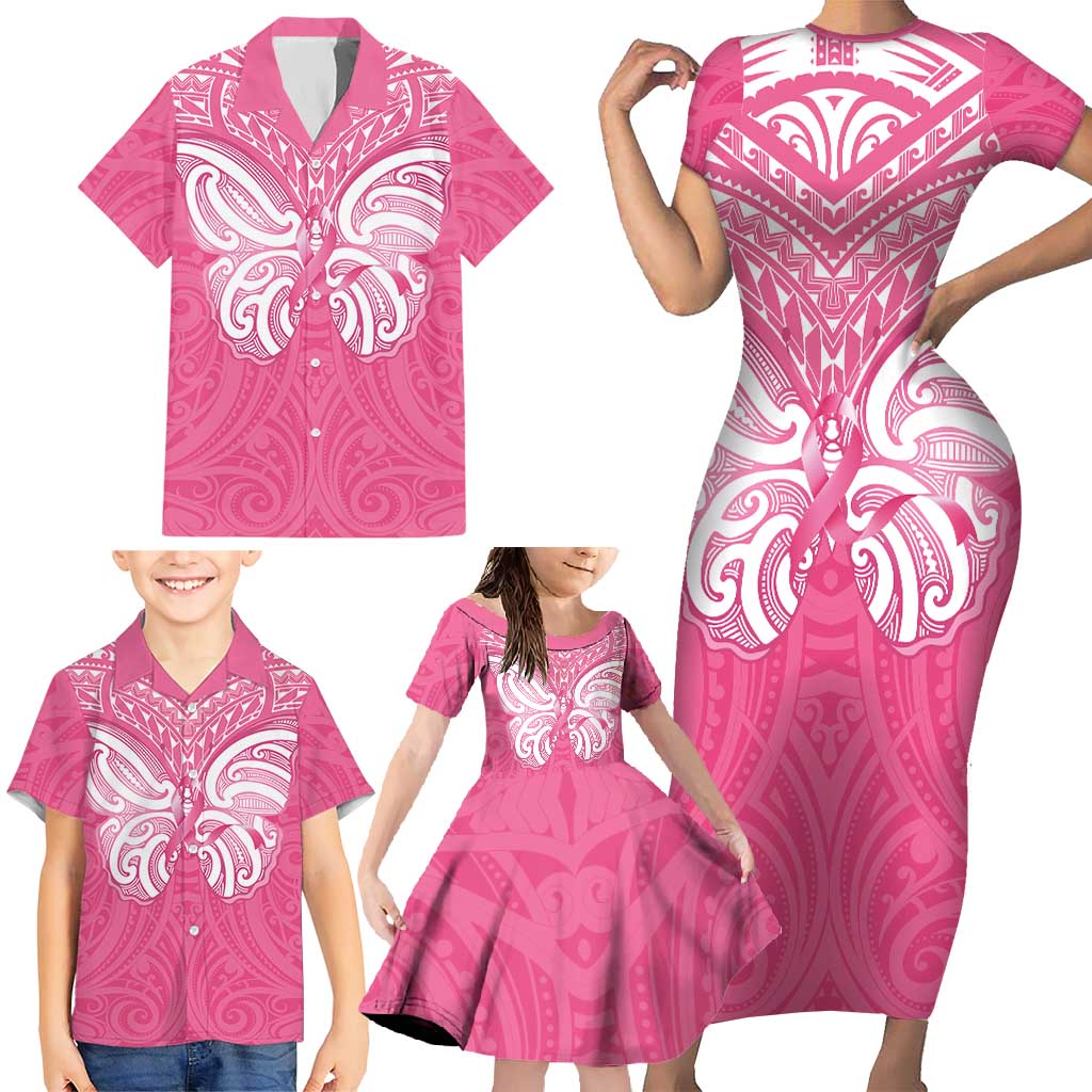 New Zealand Breast Cancer Awareness Family Matching Short Sleeve Bodycon Dress and Hawaiian Shirt Maori Butterfly Pink Ribbon - Polynesian Pride