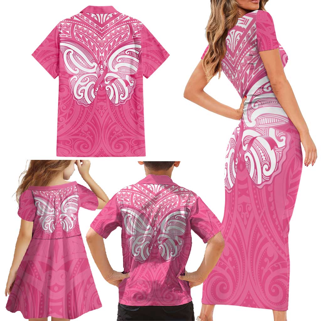 New Zealand Breast Cancer Awareness Family Matching Short Sleeve Bodycon Dress and Hawaiian Shirt Maori Butterfly Pink Ribbon - Polynesian Pride