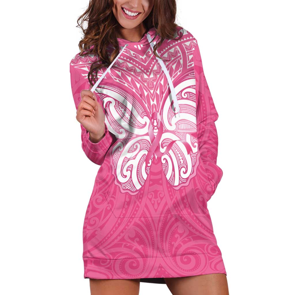 New Zealand Breast Cancer Awareness Hoodie Dress Maori Butterfly Pink Ribbon - Polynesian Pride