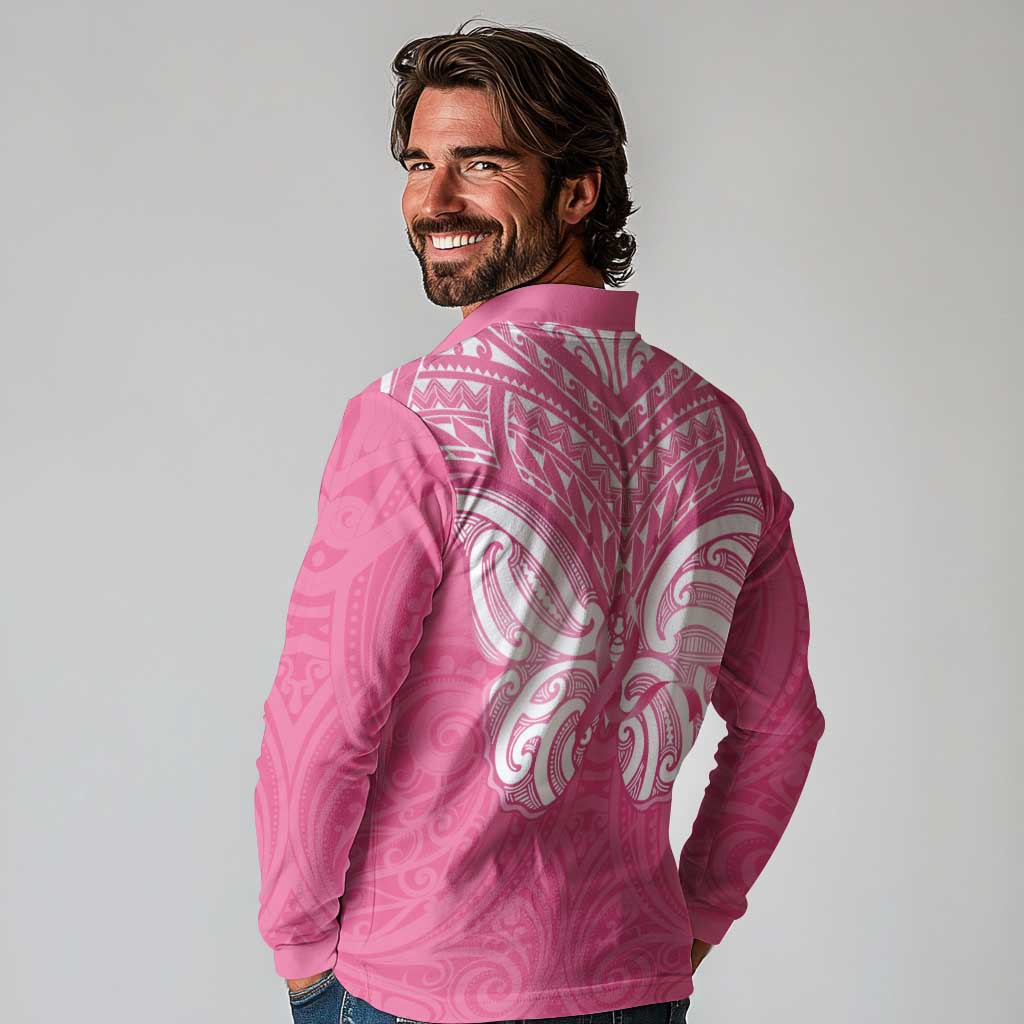New Zealand Breast Cancer Awareness Long Sleeve Polo Shirt Maori Butterfly Pink Ribbon - Polynesian Pride