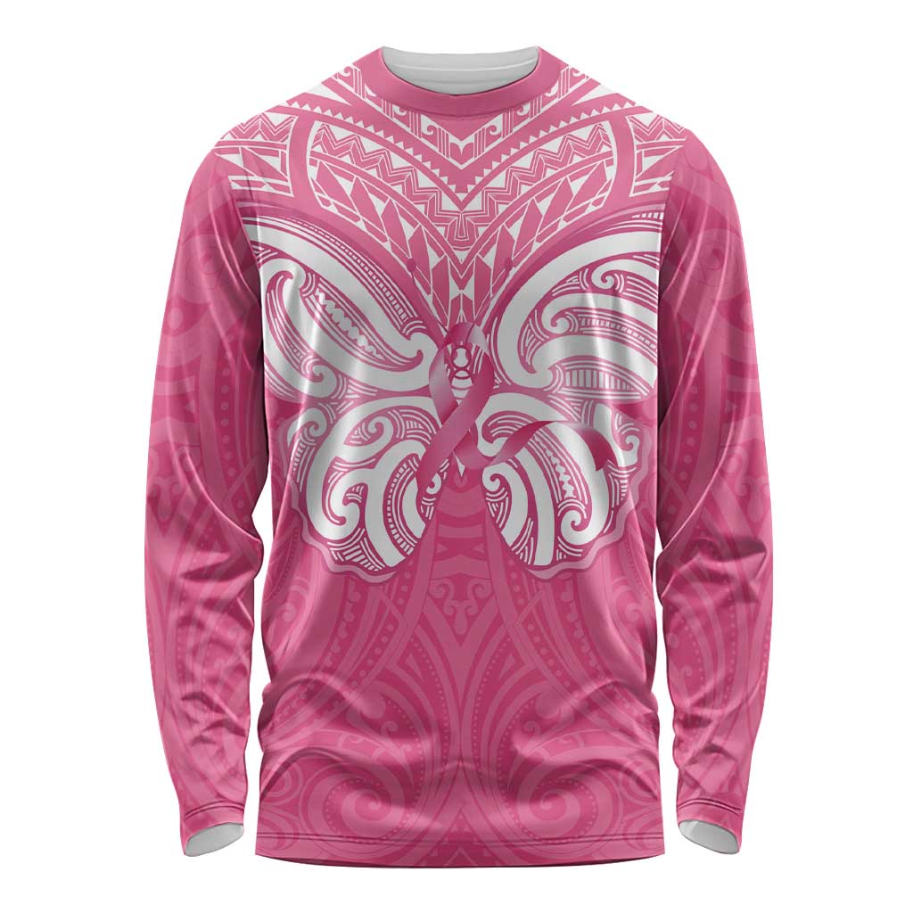 New Zealand Breast Cancer Awareness Long Sleeve Shirt Maori Butterfly Pink Ribbon - Polynesian Pride
