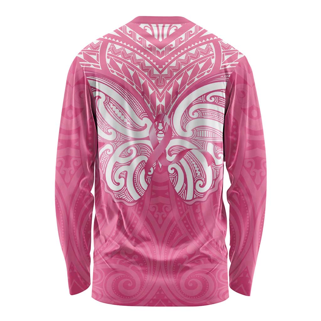New Zealand Breast Cancer Awareness Long Sleeve Shirt Maori Butterfly Pink Ribbon - Polynesian Pride