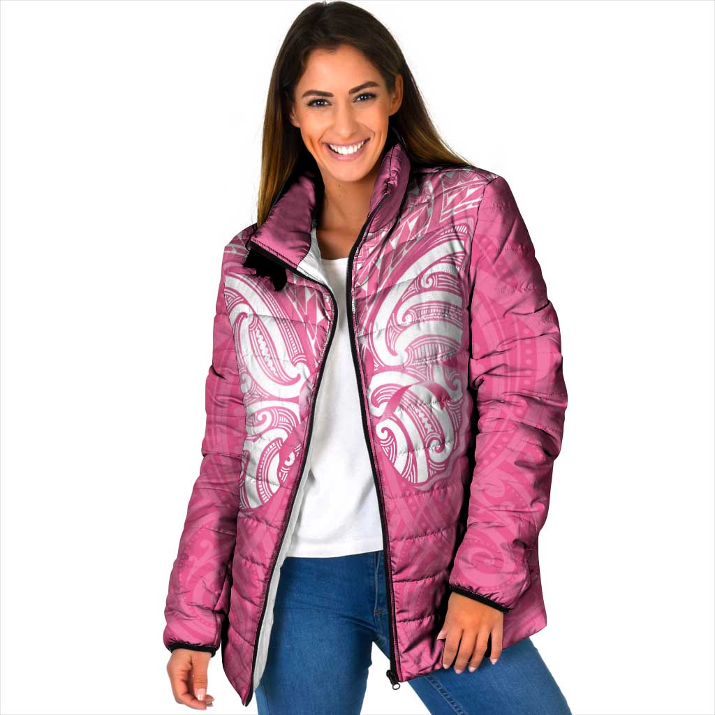New Zealand Breast Cancer Awareness Padded Jacket Maori Butterfly Pink Ribbon - Polynesian Pride