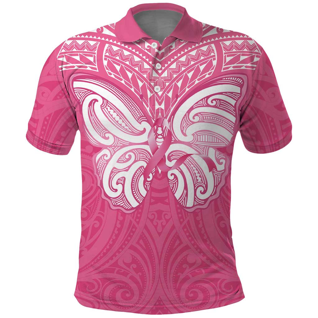 New Zealand Breast Cancer Awareness Polo Shirt Maori Butterfly Pink Ribbon - Polynesian Pride
