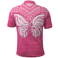 New Zealand Breast Cancer Awareness Polo Shirt Maori Butterfly Pink Ribbon - Polynesian Pride