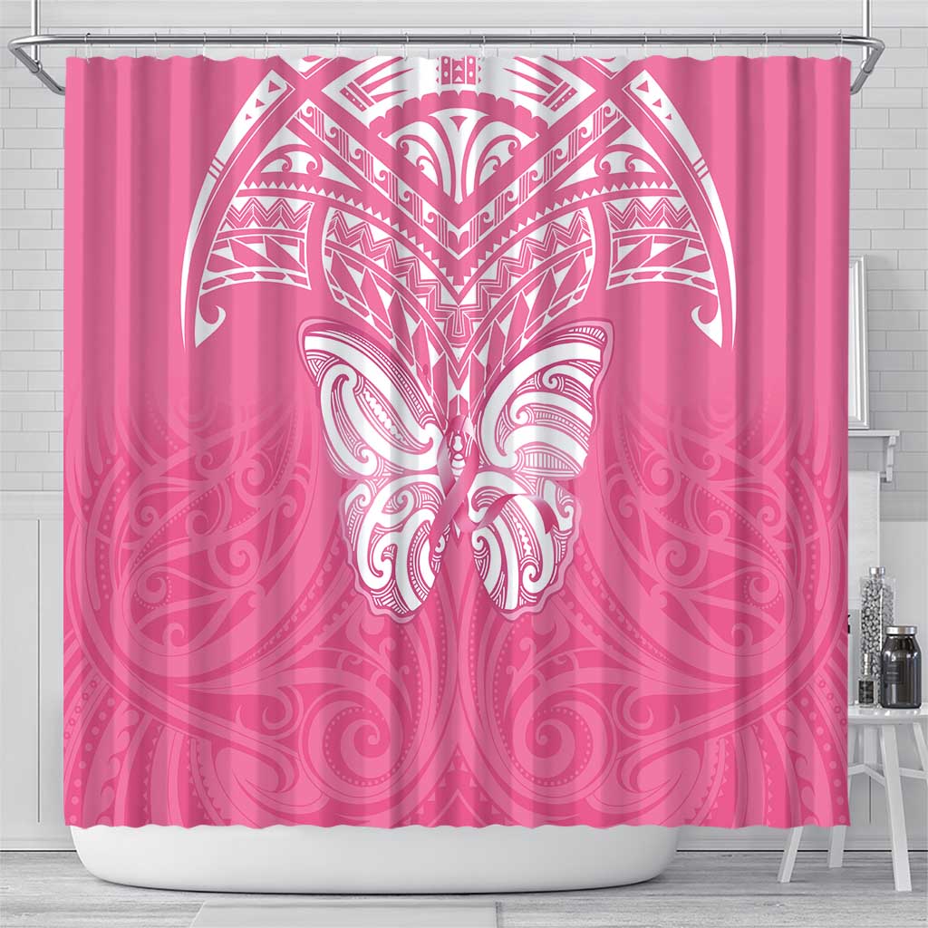 New Zealand Breast Cancer Awareness Shower Curtain Maori Butterfly Pink Ribbon - Polynesian Pride