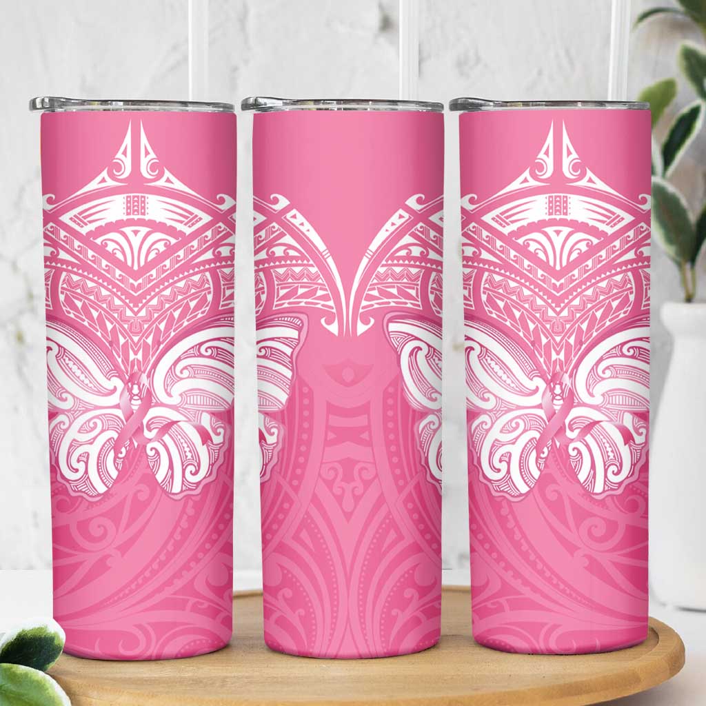 New Zealand Breast Cancer Awareness Skinny Tumbler Maori Butterfly Pink Ribbon - Polynesian Pride
