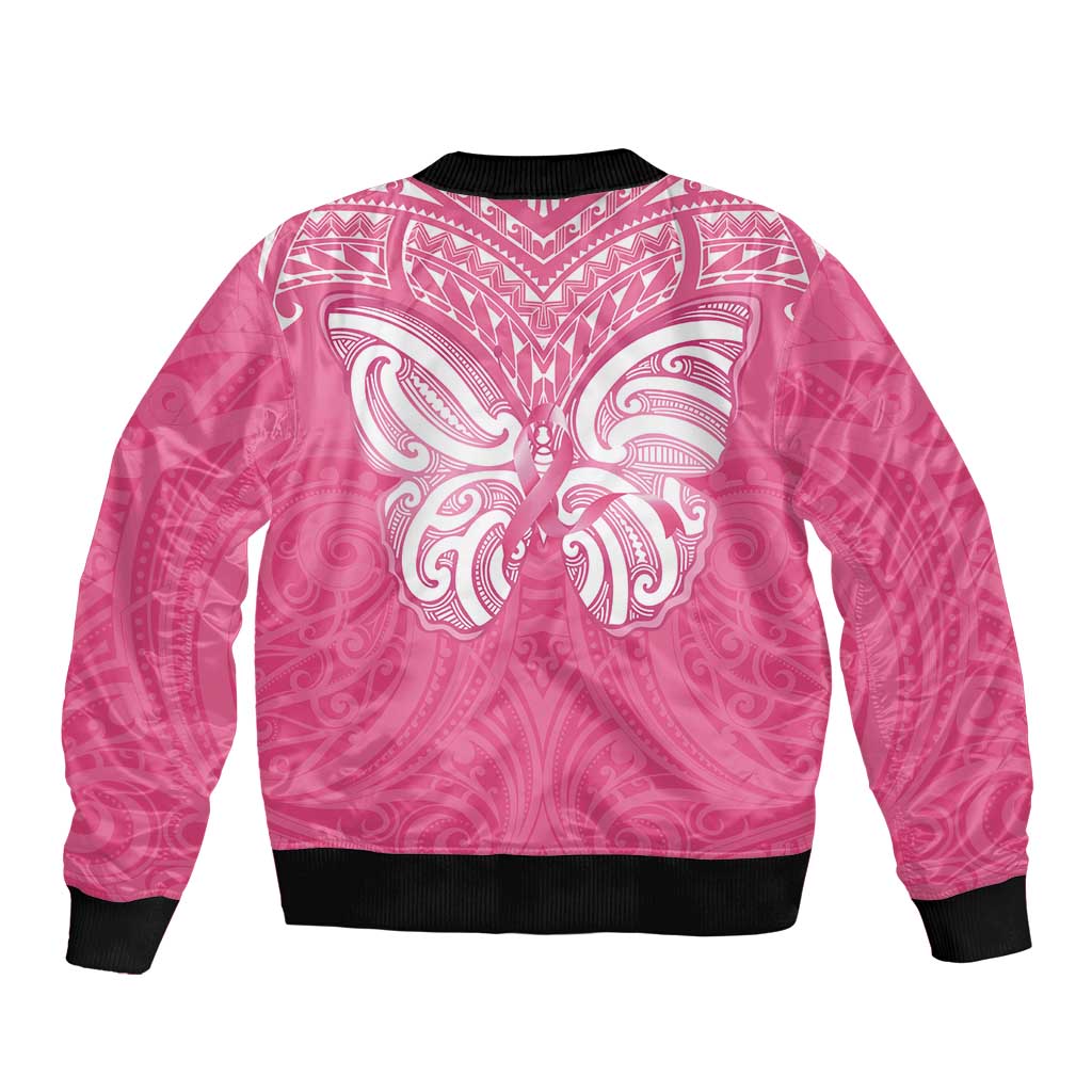 New Zealand Breast Cancer Awareness Sleeve Zip Bomber Jacket Maori Butterfly Pink Ribbon - Polynesian Pride