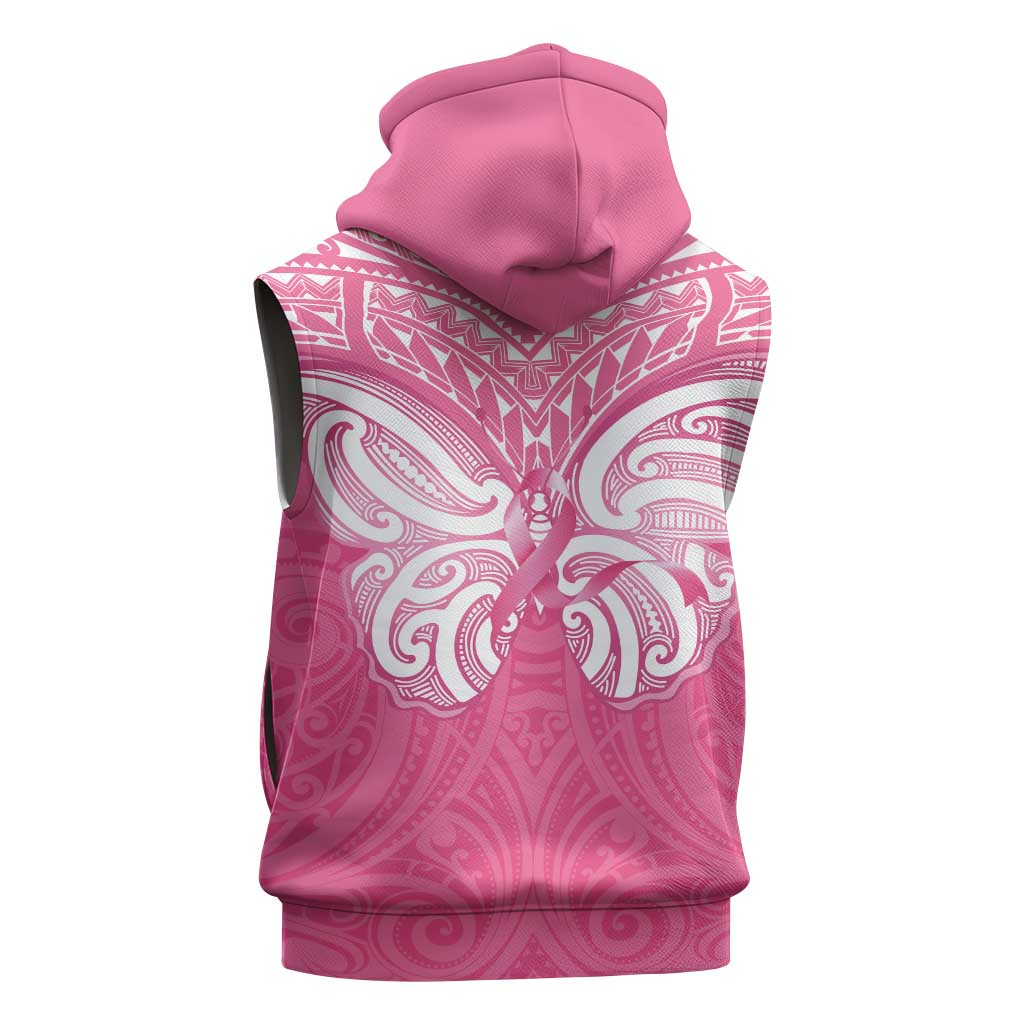 New Zealand Breast Cancer Awareness Sleeveless Hoodie Maori Butterfly Pink Ribbon - Polynesian Pride