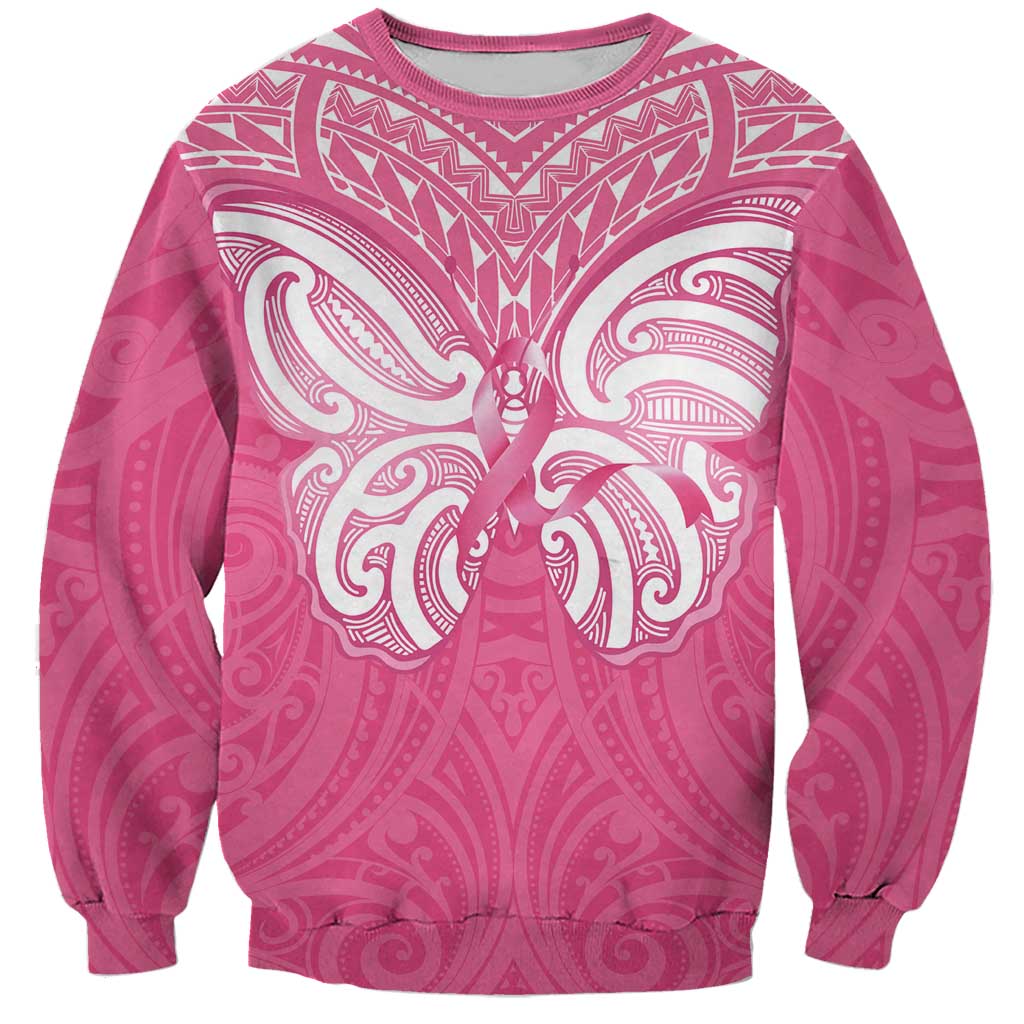 New Zealand Breast Cancer Awareness Sweatshirt Maori Butterfly Pink Ribbon - Polynesian Pride