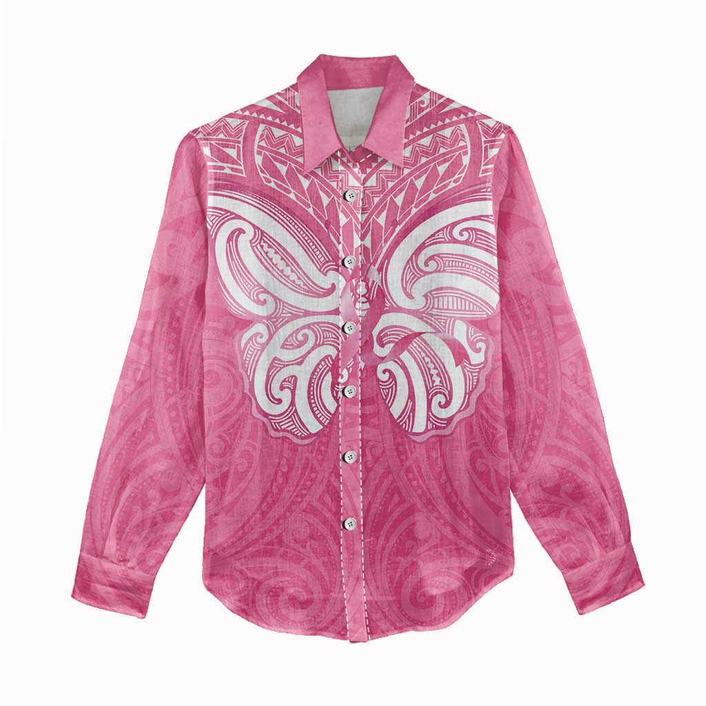 New Zealand Breast Cancer Awareness Women Casual Shirt Maori Butterfly Pink Ribbon - Polynesian Pride