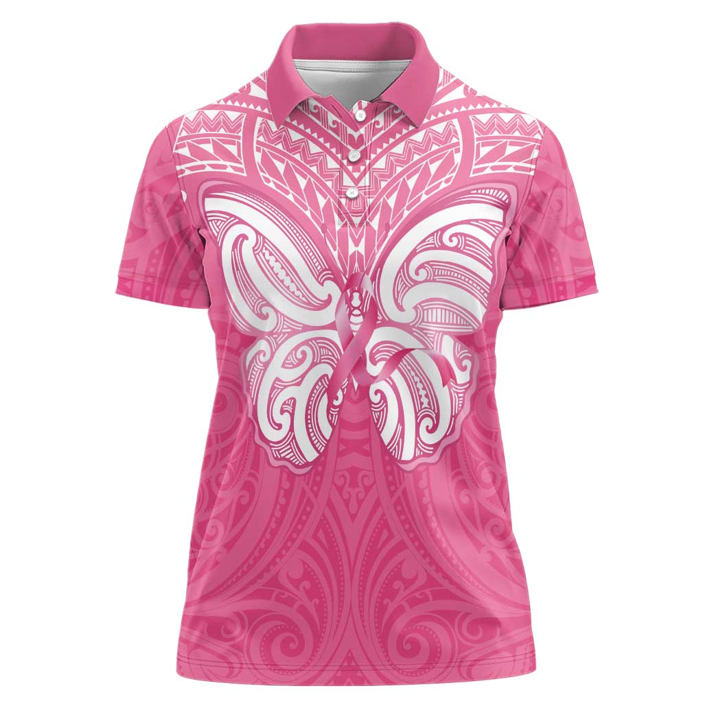 New Zealand Breast Cancer Awareness Women Polo Shirt Maori Butterfly Pink Ribbon - Polynesian Pride