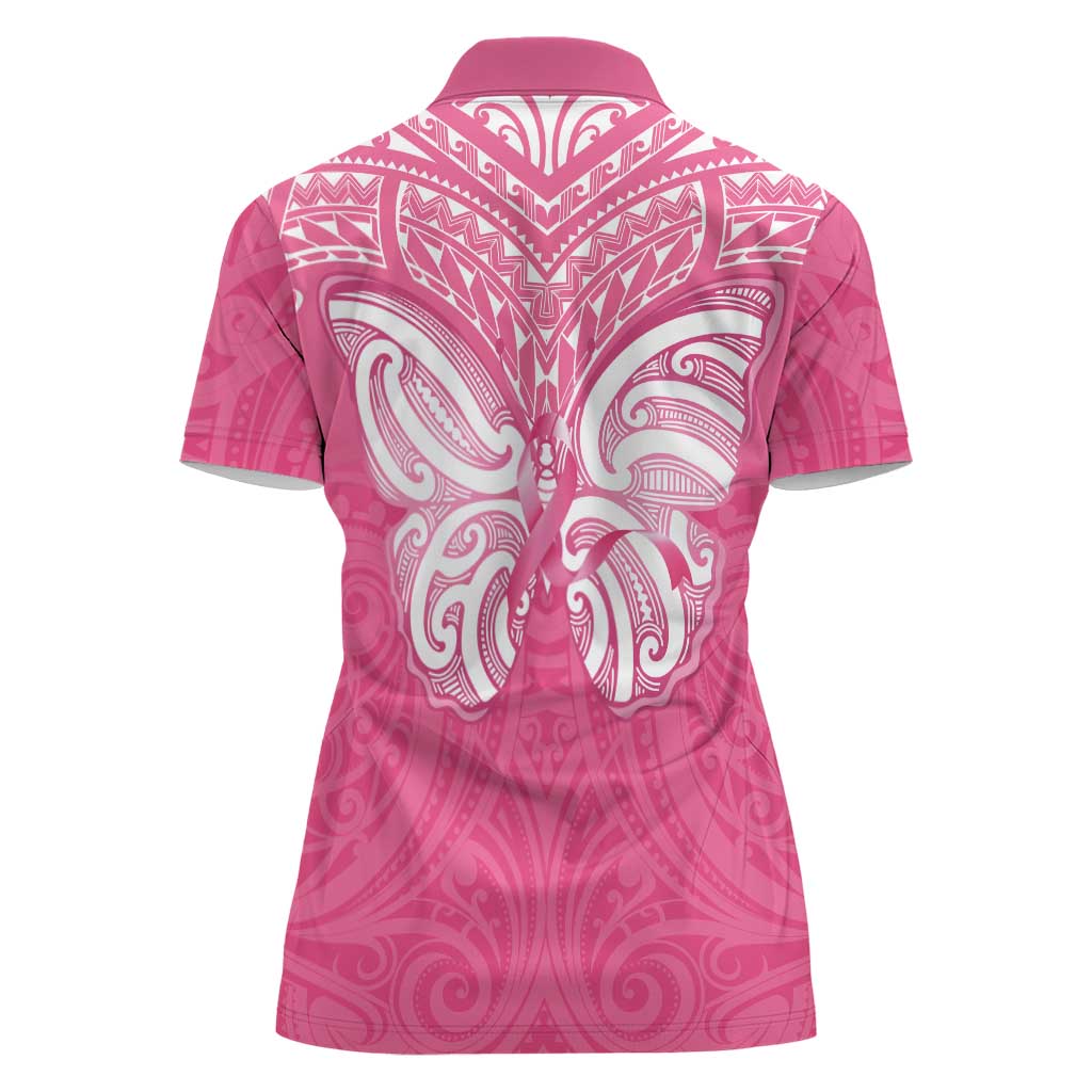 New Zealand Breast Cancer Awareness Women Polo Shirt Maori Butterfly Pink Ribbon - Polynesian Pride