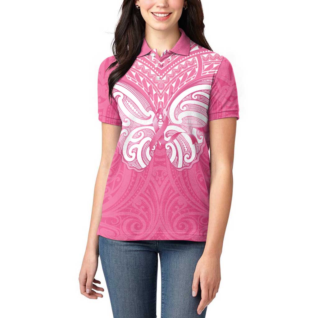 New Zealand Breast Cancer Awareness Women Polo Shirt Maori Butterfly Pink Ribbon - Polynesian Pride