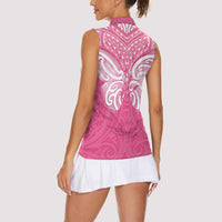New Zealand Breast Cancer Awareness Women Sleeveless Polo Shirt Maori Butterfly Pink Ribbon - Polynesian Pride