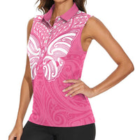 New Zealand Breast Cancer Awareness Women Sleeveless Polo Shirt Maori Butterfly Pink Ribbon - Polynesian Pride