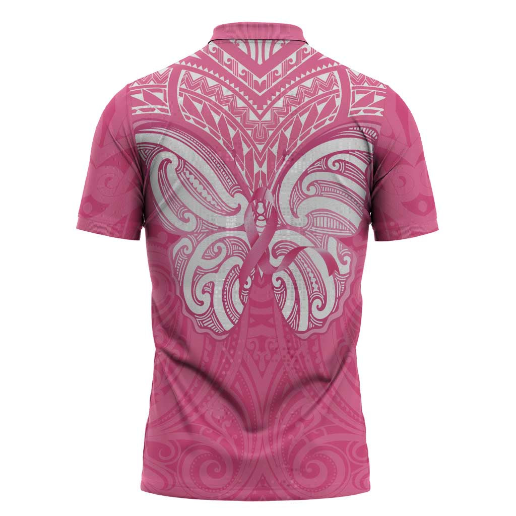 New Zealand Breast Cancer Awareness Zipper Polo Shirt Maori Butterfly Pink Ribbon - Polynesian Pride
