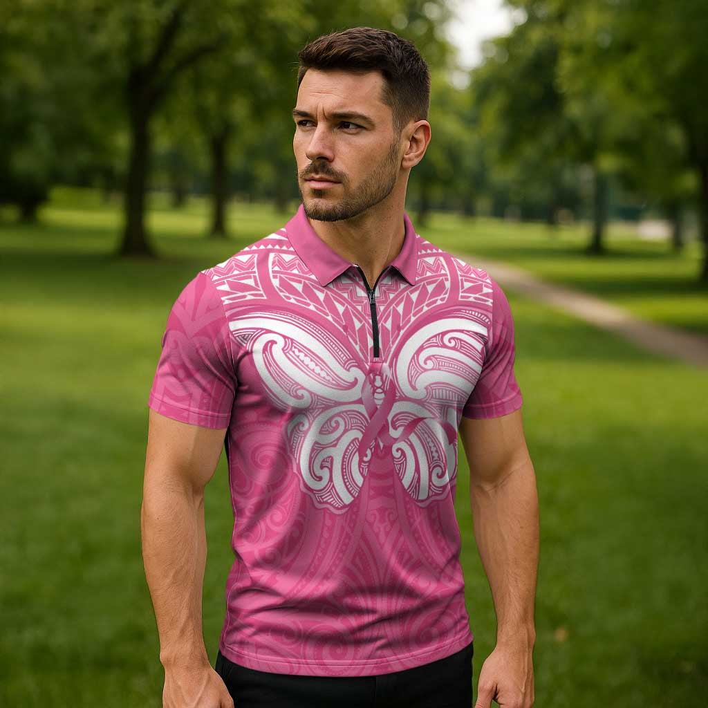 New Zealand Breast Cancer Awareness Zipper Polo Shirt Maori Butterfly Pink Ribbon - Polynesian Pride