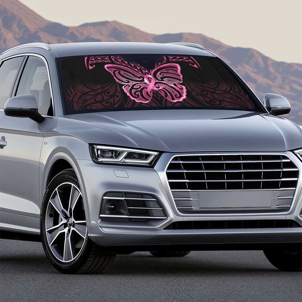 New Zealand Breast Cancer Awareness Auto Sun Shade Maori Butterfly Pink Ribbon Black Version - Polynesian Pride