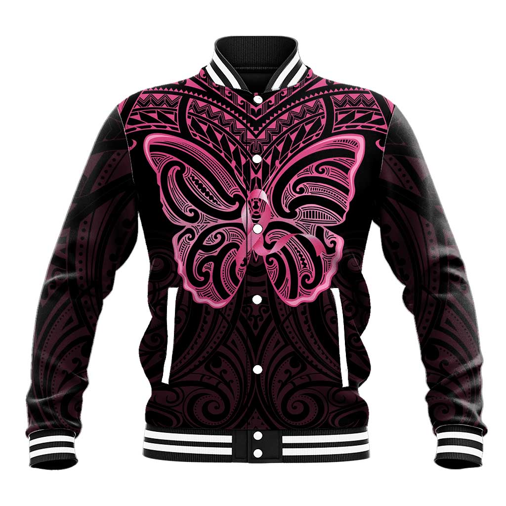 New Zealand Breast Cancer Awareness Baseball Jacket Maori Butterfly Pink Ribbon Black Version - Polynesian Pride