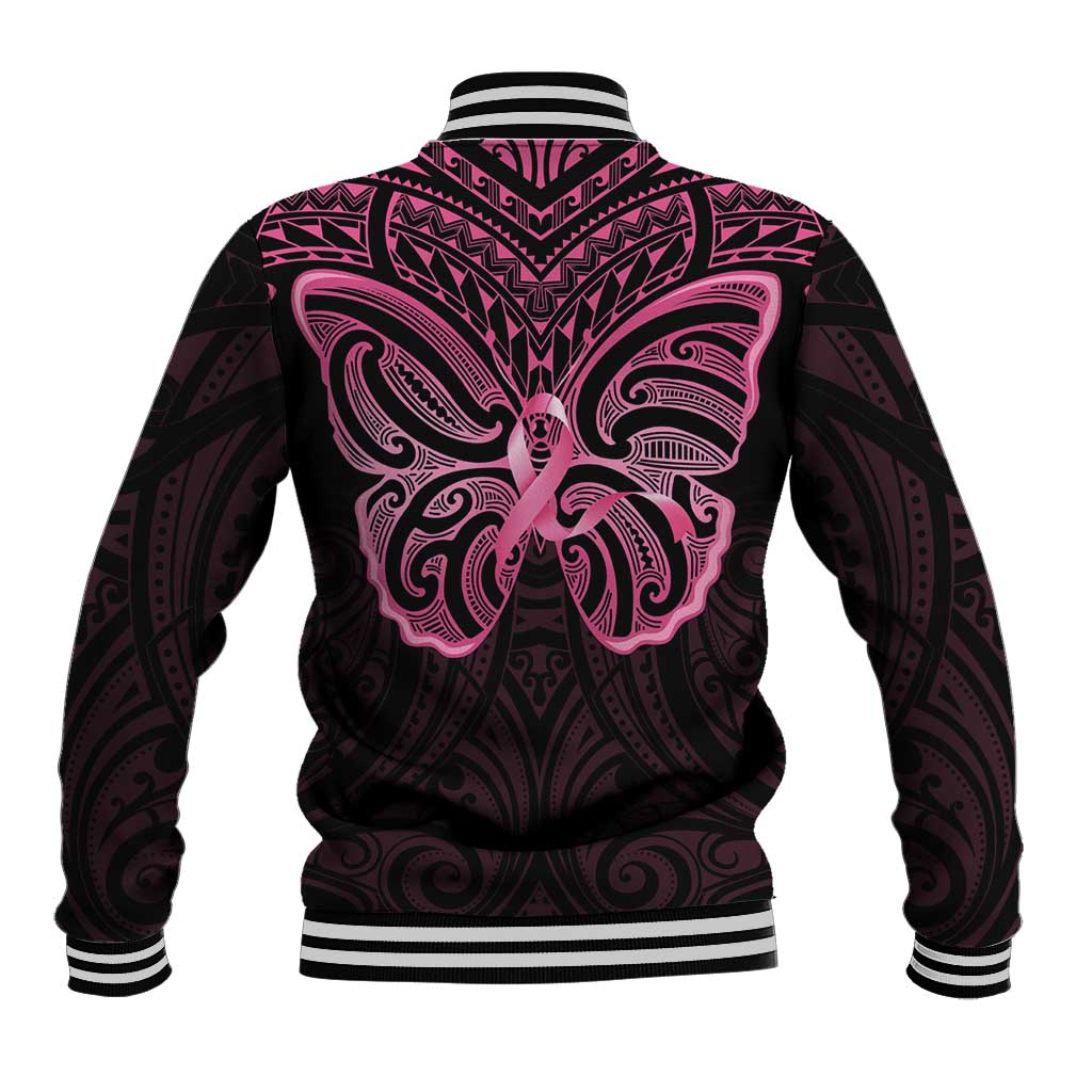 New Zealand Breast Cancer Awareness Baseball Jacket Maori Butterfly Pink Ribbon Black Version - Polynesian Pride