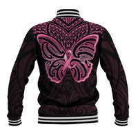 New Zealand Breast Cancer Awareness Baseball Jacket Maori Butterfly Pink Ribbon Black Version - Polynesian Pride