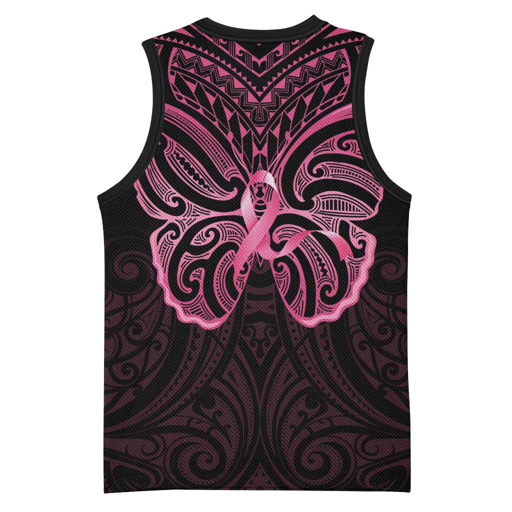 New Zealand Breast Cancer Awareness Basketball Jersey Maori Butterfly Pink Ribbon Black Version - Polynesian Pride