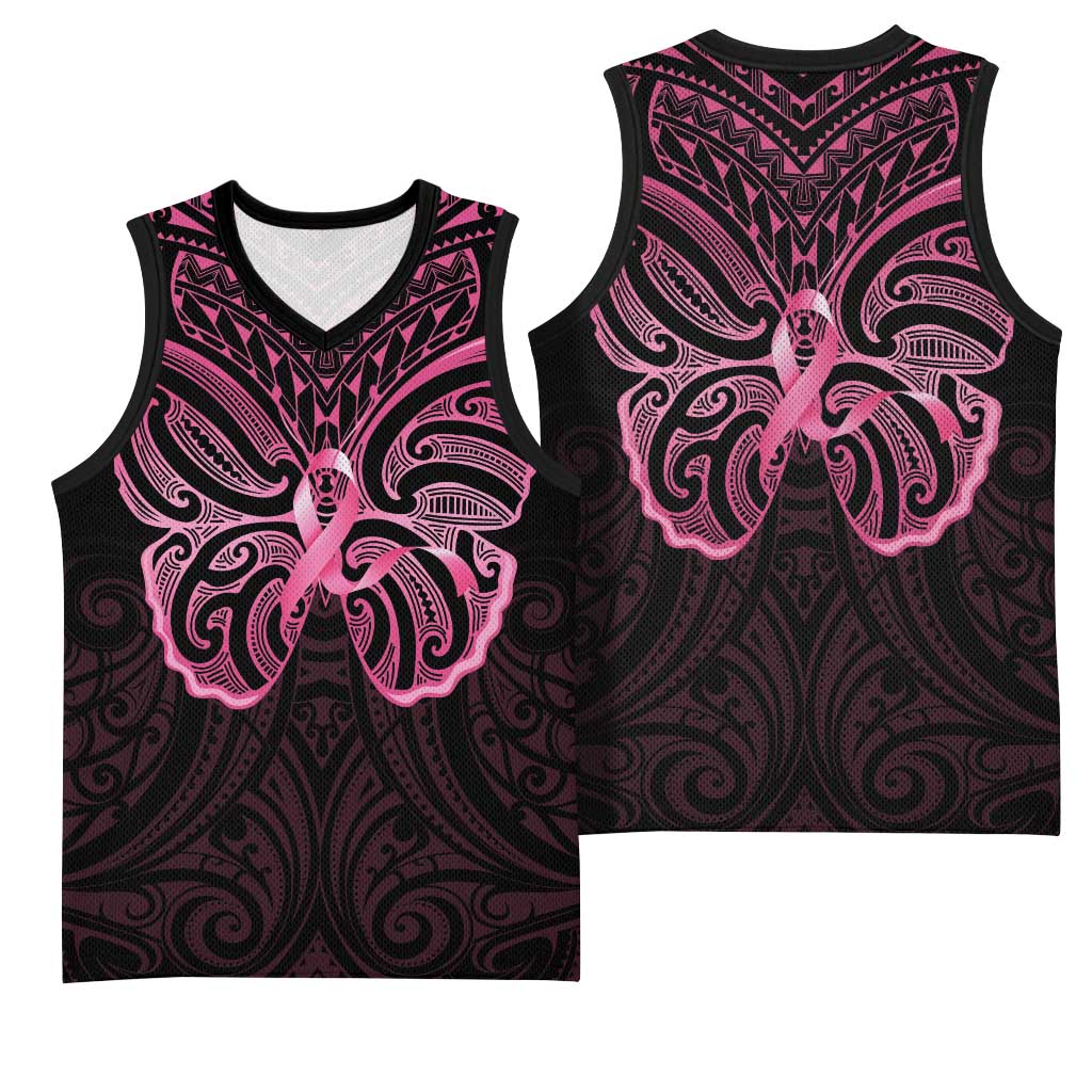 New Zealand Breast Cancer Awareness Basketball Jersey Maori Butterfly Pink Ribbon Black Version - Polynesian Pride