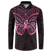 New Zealand Breast Cancer Awareness Button Sweatshirt Maori Butterfly Pink Ribbon Black Version - Polynesian Pride