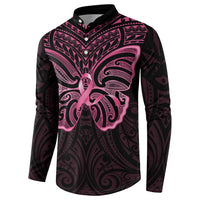 New Zealand Breast Cancer Awareness Button Sweatshirt Maori Butterfly Pink Ribbon Black Version - Polynesian Pride