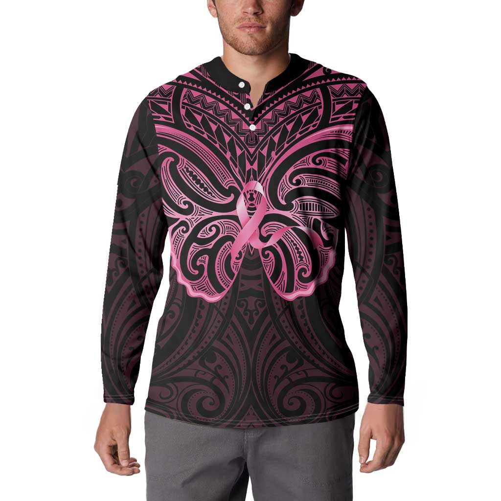 New Zealand Breast Cancer Awareness Button Sweatshirt Maori Butterfly Pink Ribbon Black Version - Polynesian Pride