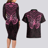 New Zealand Breast Cancer Awareness Couples Matching Long Sleeve Bodycon Dress and Hawaiian Shirt Maori Butterfly Pink Ribbon Black Version - Polynesian Pride