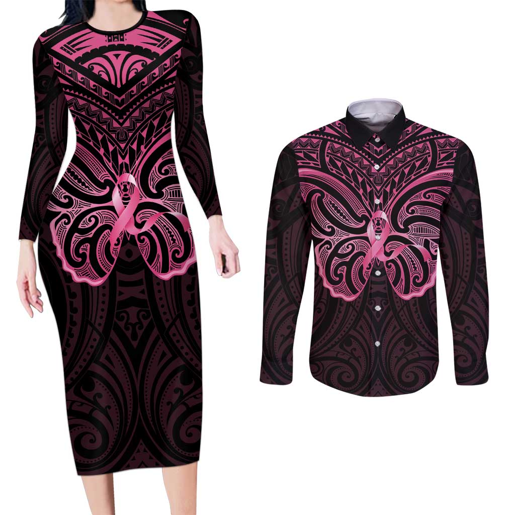 New Zealand Breast Cancer Awareness Couples Matching Long Sleeve Bodycon Dress and Long Sleeve Button Shirt Maori Butterfly Pink Ribbon Black Version - Polynesian Pride