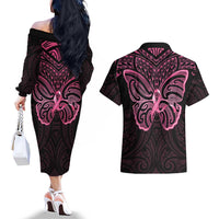 New Zealand Breast Cancer Awareness Couples Matching Off The Shoulder Long Sleeve Dress and Hawaiian Shirt Maori Butterfly Pink Ribbon Black Version - Polynesian Pride