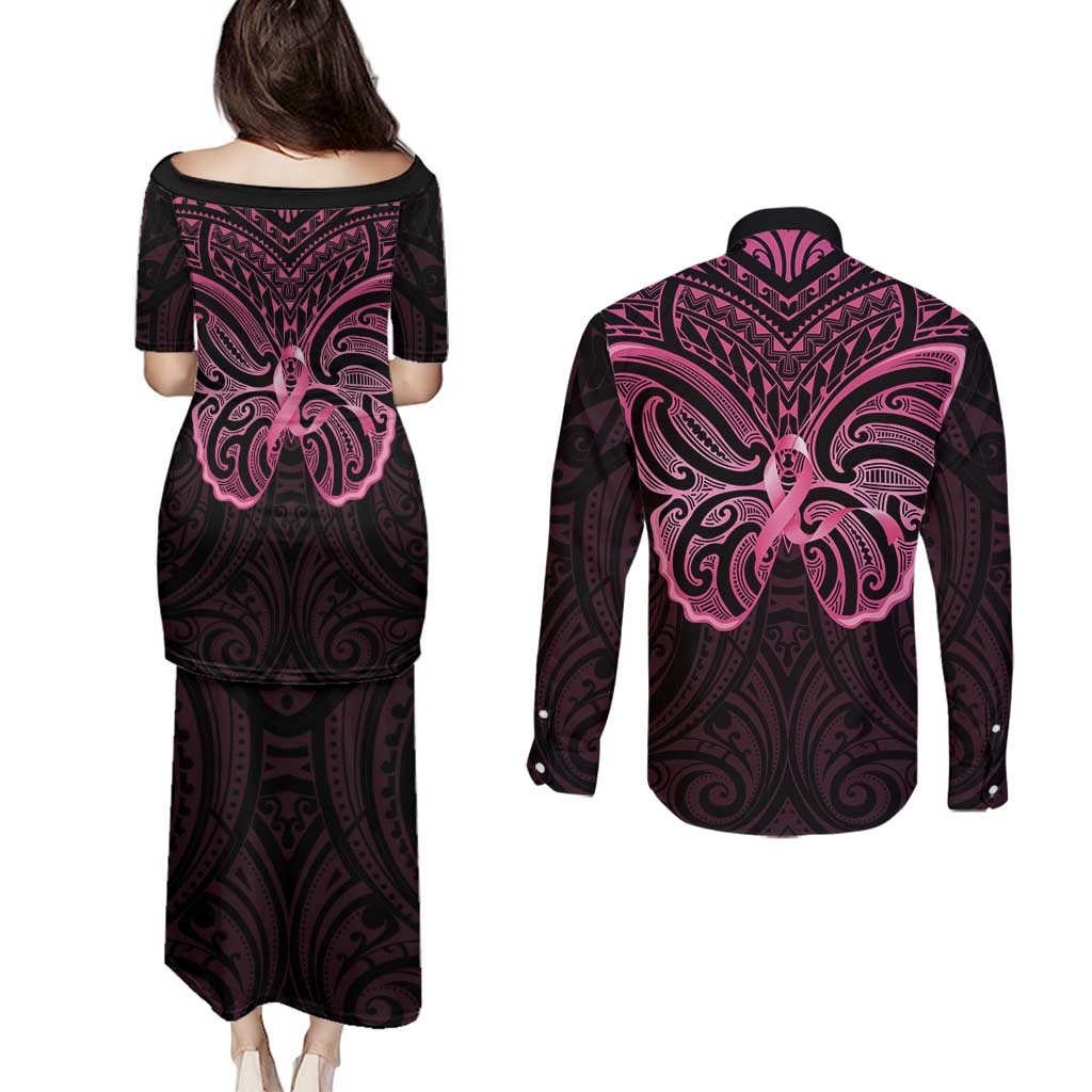 New Zealand Breast Cancer Awareness Couples Matching Puletasi and Long Sleeve Button Shirt Maori Butterfly Pink Ribbon Black Version - Polynesian Pride