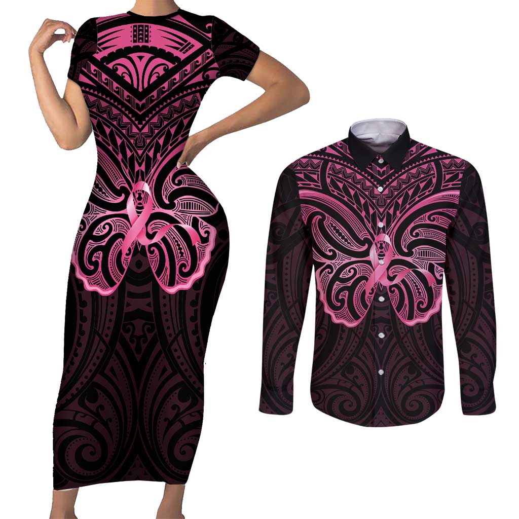 New Zealand Breast Cancer Awareness Couples Matching Short Sleeve Bodycon Dress and Long Sleeve Button Shirt Maori Butterfly Pink Ribbon Black Version - Polynesian Pride