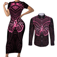 New Zealand Breast Cancer Awareness Couples Matching Short Sleeve Bodycon Dress and Long Sleeve Button Shirt Maori Butterfly Pink Ribbon Black Version - Polynesian Pride