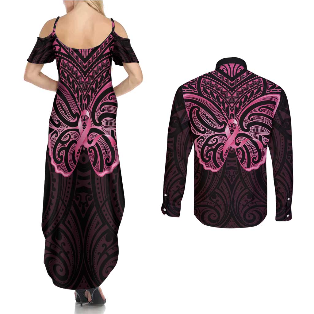 New Zealand Breast Cancer Awareness Couples Matching Summer Maxi Dress and Long Sleeve Button Shirt Maori Butterfly Pink Ribbon Black Version - Polynesian Pride