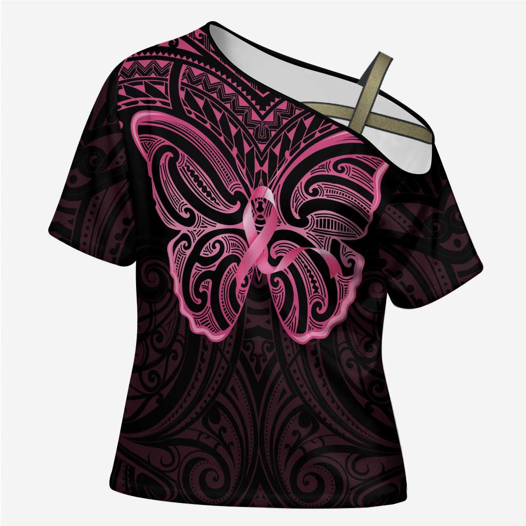 New Zealand Breast Cancer Awareness Cross Shoulder Shirt Maori Butterfly Pink Ribbon Black Version - Polynesian Pride