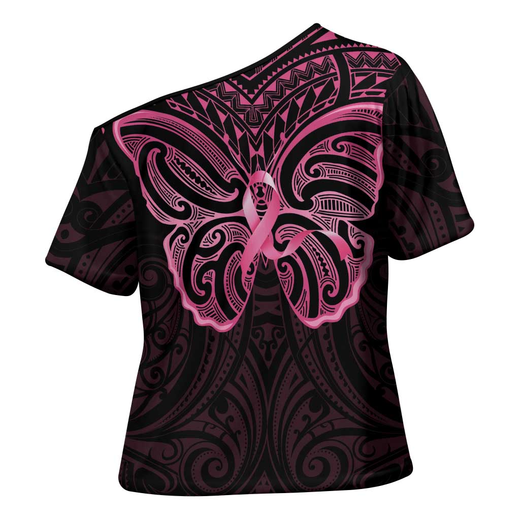 New Zealand Breast Cancer Awareness Cross Shoulder Shirt Maori Butterfly Pink Ribbon Black Version - Polynesian Pride