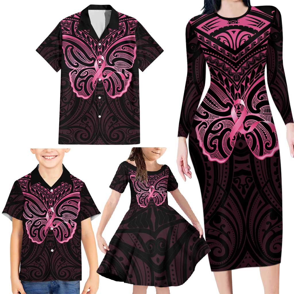 New Zealand Breast Cancer Awareness Family Matching Long Sleeve Bodycon Dress and Hawaiian Shirt Maori Butterfly Pink Ribbon Black Version - Polynesian Pride