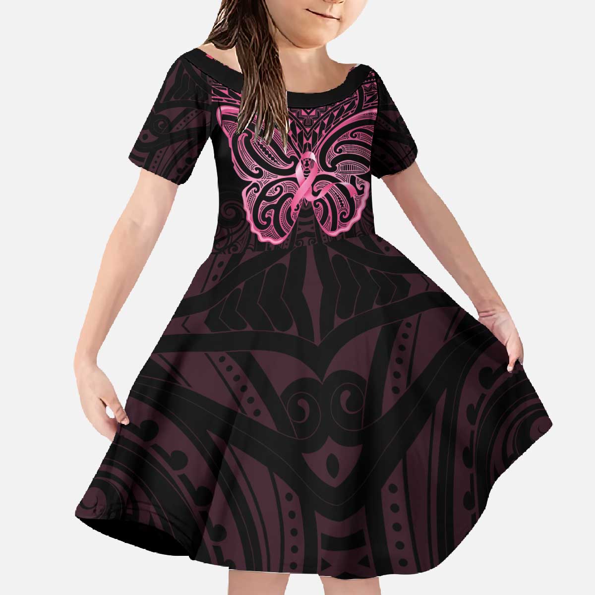 New Zealand Breast Cancer Awareness Family Matching Off The Shoulder Long Sleeve Dress and Hawaiian Shirt Maori Butterfly Pink Ribbon Black Version - Polynesian Pride